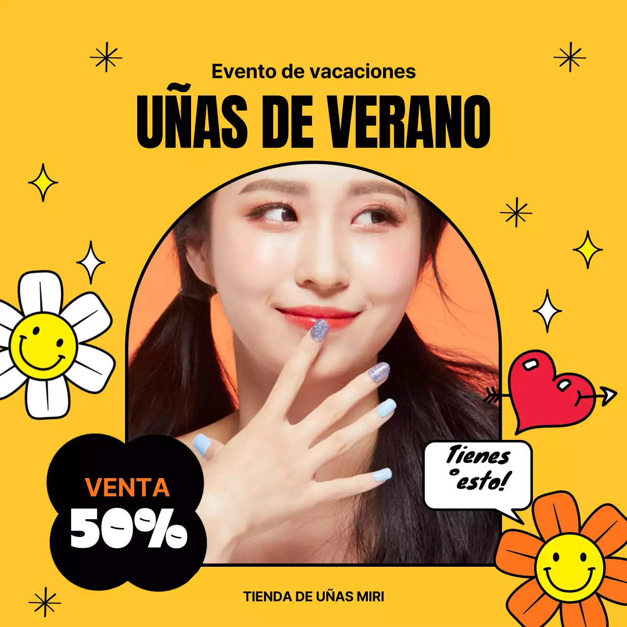 Venta de uñas en forma de marco con una ilustración kitsch sobre fondo amarillo.