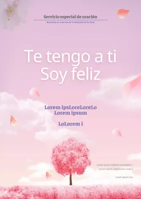 Promocione un servicio de oración de una iglesia con un concepto suave que incluya una foto de un paisaje con árboles rosas.
