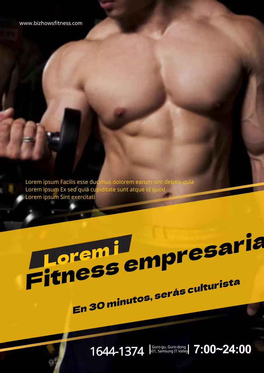 Promociona el fitness con una foto amarilla de un culturista haciendo ejercicio