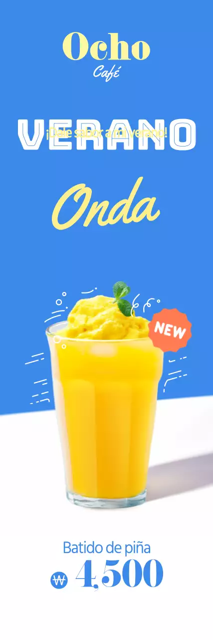 Banner promocional de cafetería de fácil lectura con texto e ilustraciones fotográficas de bebidas veraniegas para una cafetería otto en colores frescos.