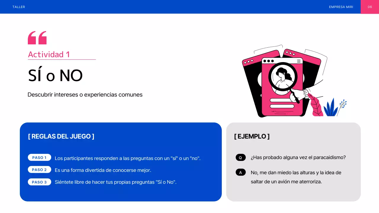 Taller de trabajo en equipo ilustrado en azul y rosa