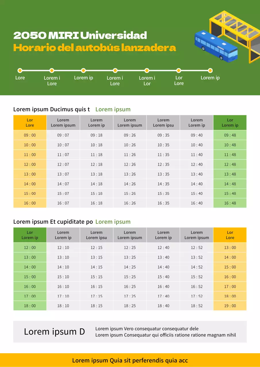 Anuncio de los horarios de los autobuses universitarios básicos verde lima y amarillo