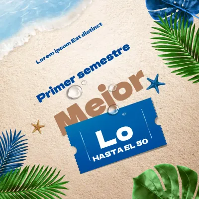 Beige azul Limpio y tropical en la playa Concepto de cupón Promoción de descuento del primer semestre del año