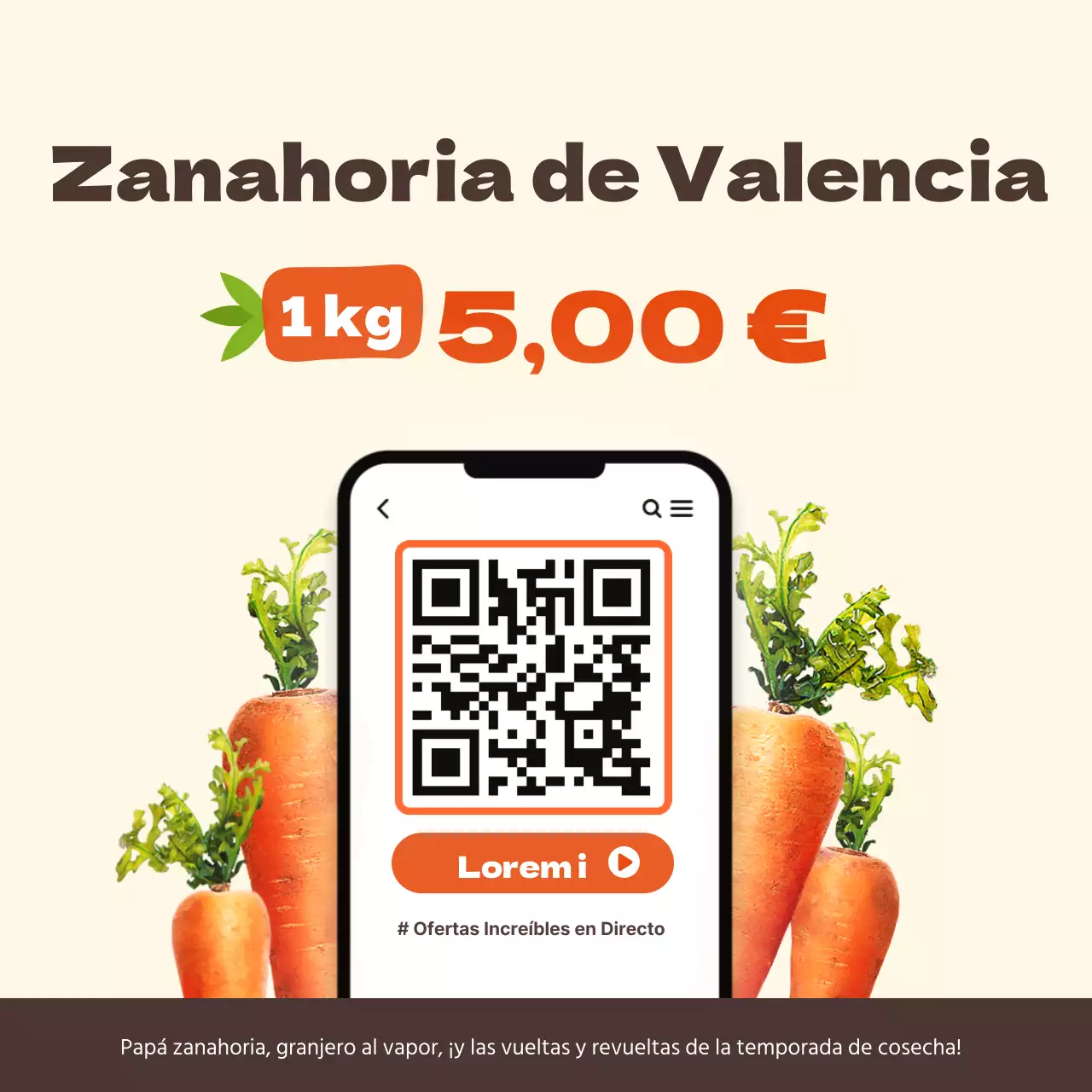 Promocione una retransmisión en directo de una oferta superespecial de zanahorias de Jeju con sencillos colores naranja y marrón.