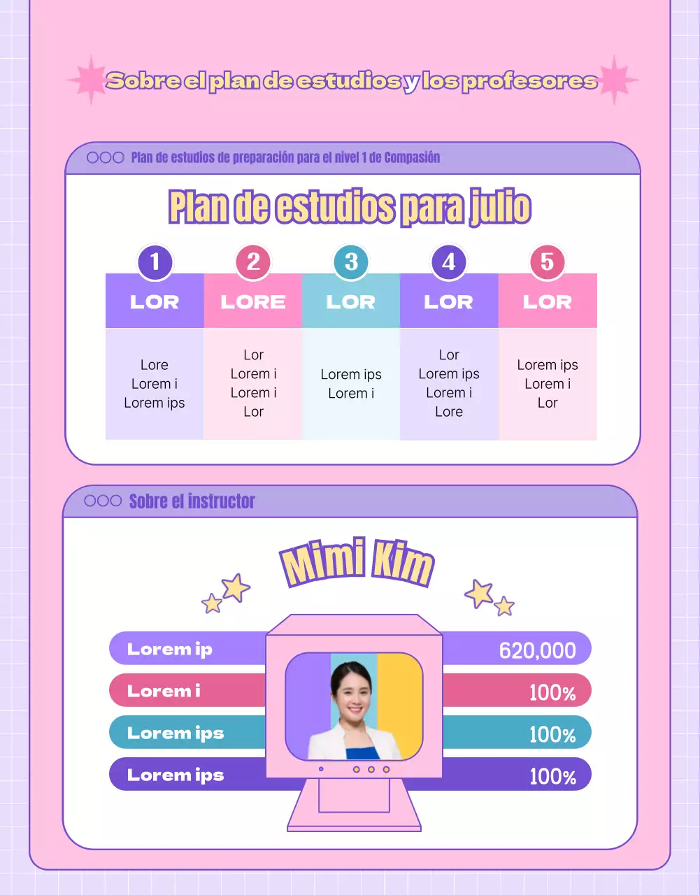 Promover las clases de informática con un concepto de sitio web rosa y morado