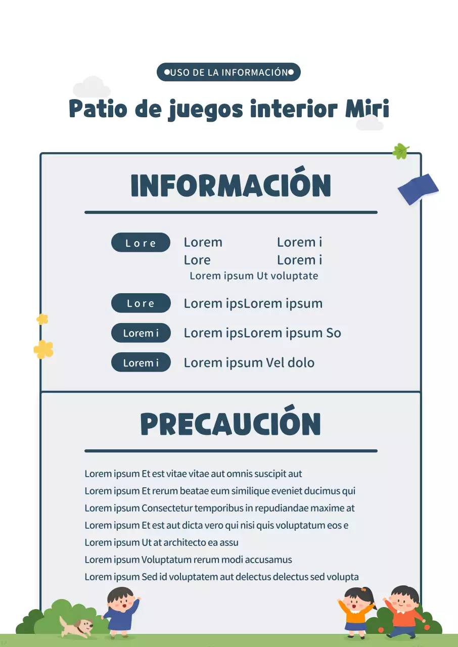 Lindo estilo de ilustración en azul marino y verde Información sobre parques infantiles de interior