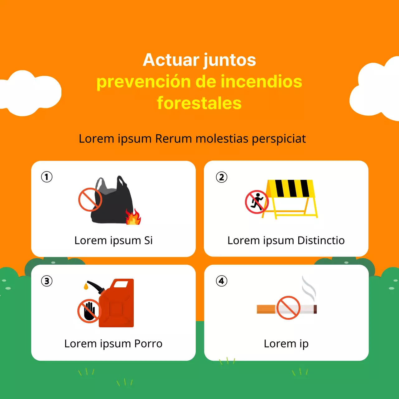 Consejos de seguridad para los incendios forestales de la estación seca en abril, en naranja, rojo y verde, con una ilustración sencilla, legible y simpática, a modo de póster.