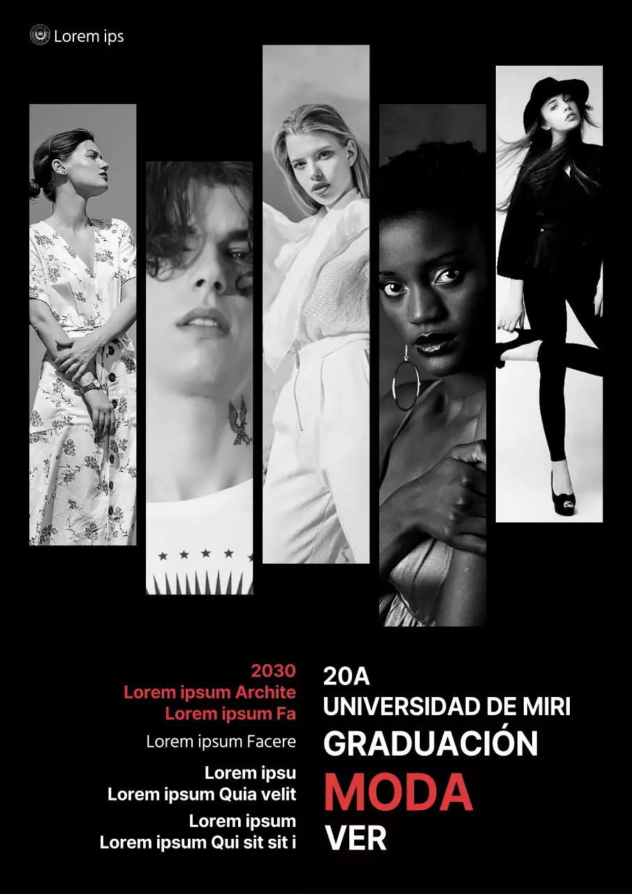 Exposición de graduación del departamento de diseño de moda moderna en blanco y negro