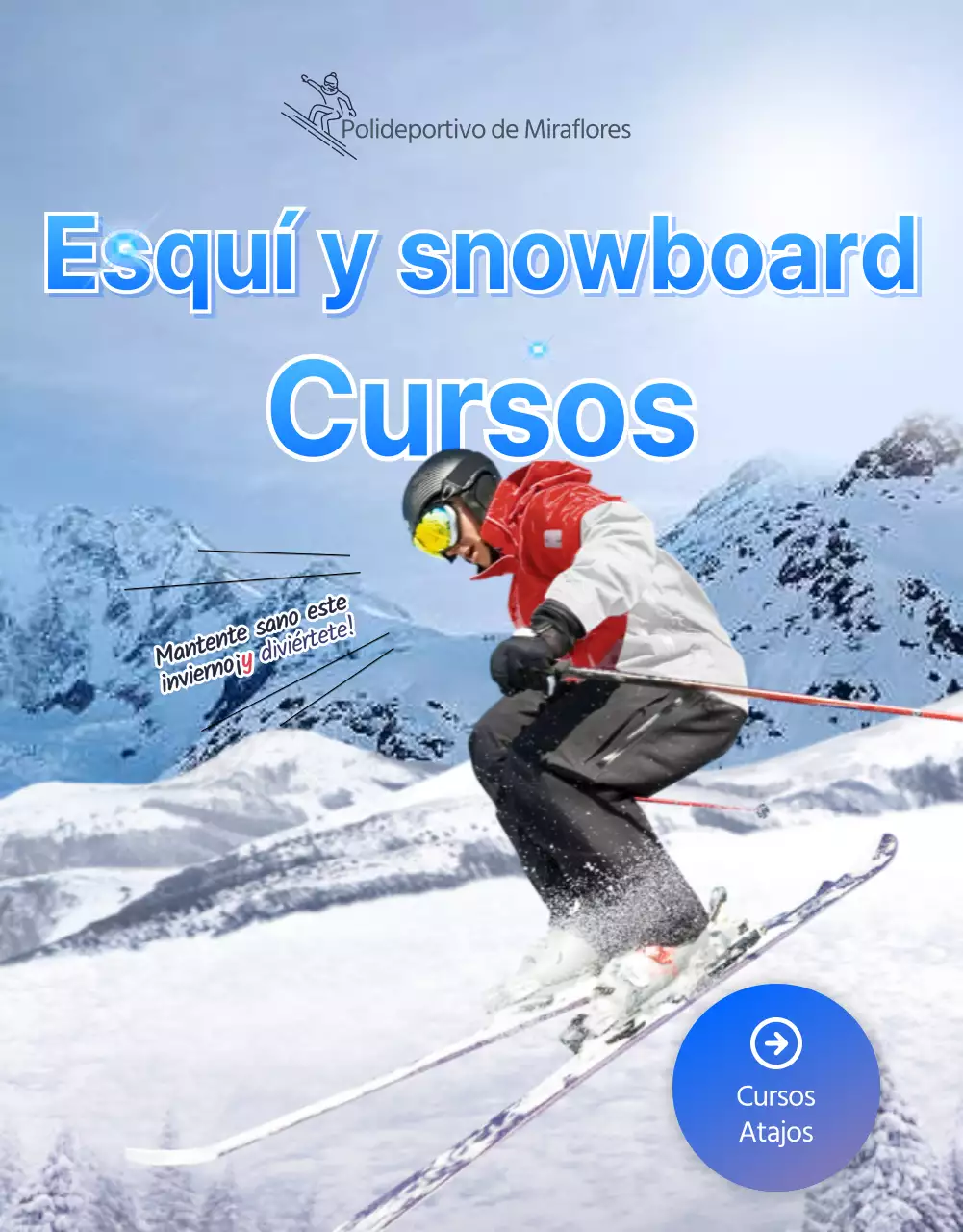 Clases de esquí y snowboard con temática invernal en azul (página detallada)