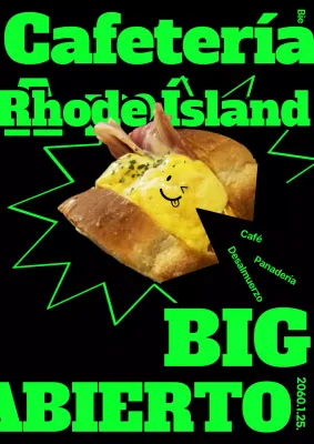 Apertura de una moderna panadería-cafetería en negro y verde neón (cartel web vertical)