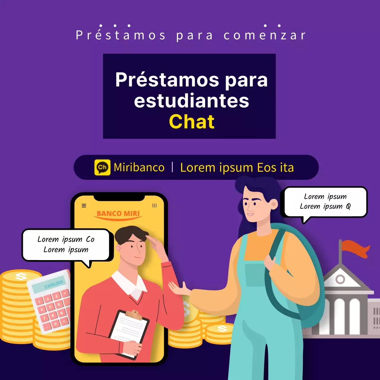 Asesoramiento sobre préstamos a estudiantes con el asesor de fondo morado y la ilustración del estudiante