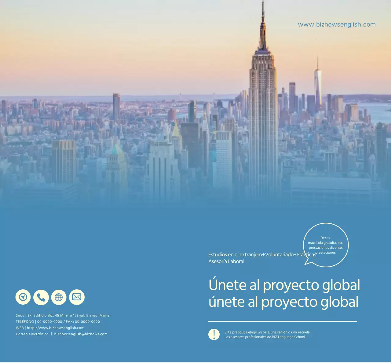 Promoción de una escuela de idiomas con fotos azules y amarillas de paisajes extranjeros