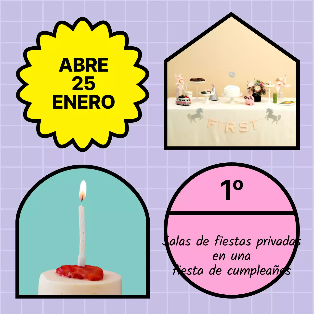 Una sala de fiestas privada con un concepto geométrico en tonos pastel para celebrar un cumpleaños.
