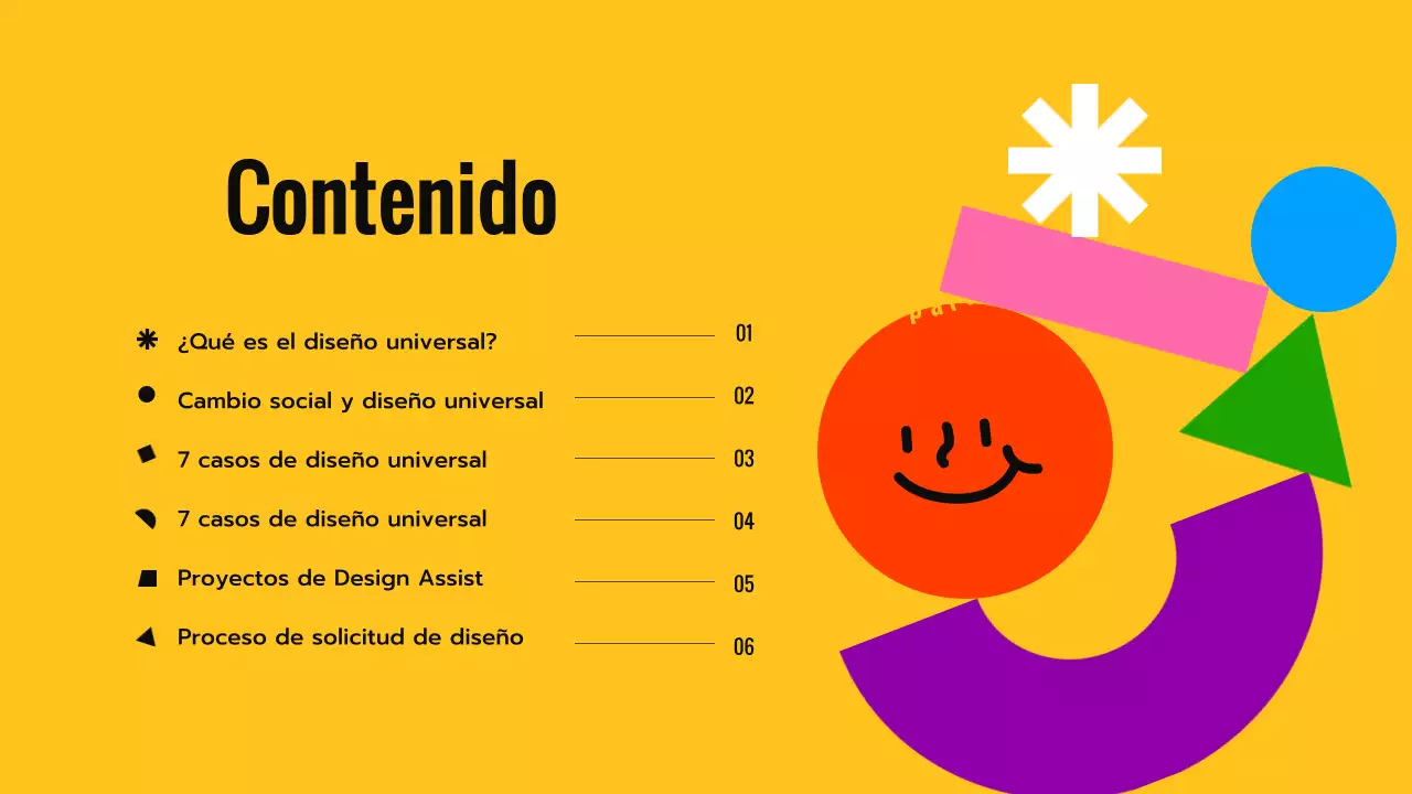 Introducción al diseño universal con formas expresivas de colores negro y amarillo