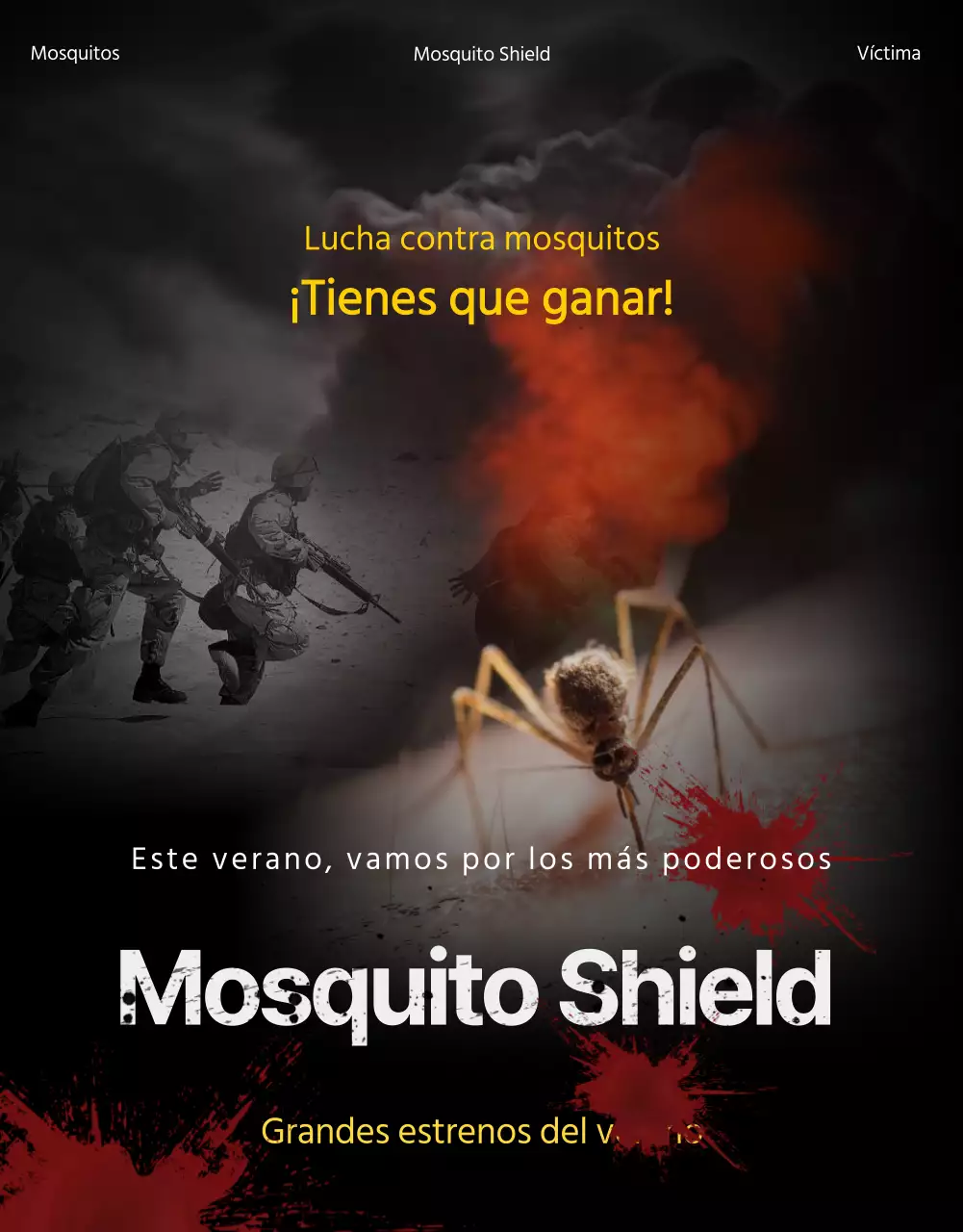Promocionar productos repelentes de mosquitos con un aspecto oscuro, como de póster de película.