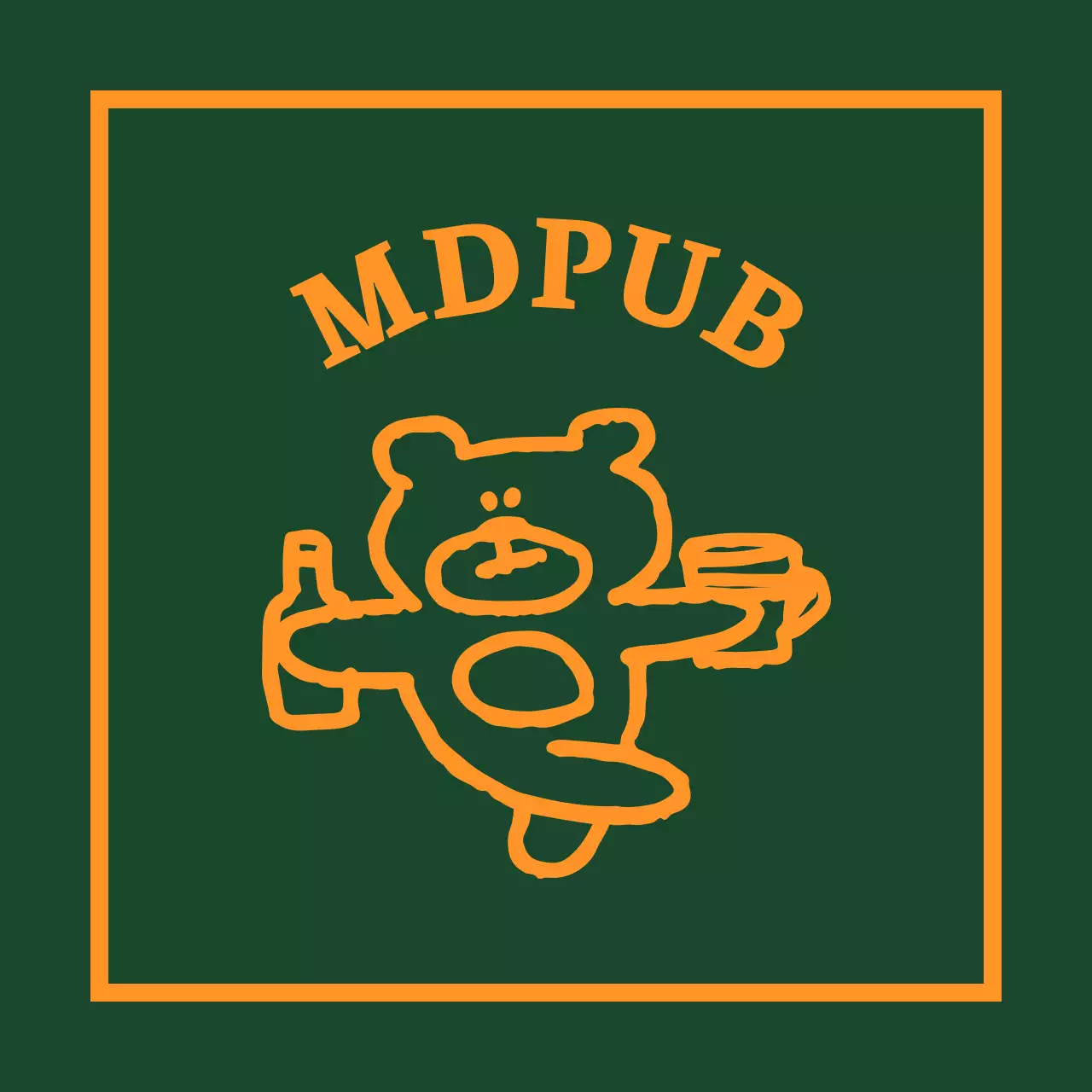 Banderín de pub verde con borde amarillo y un osito de peluche con una botella de licor en la mano