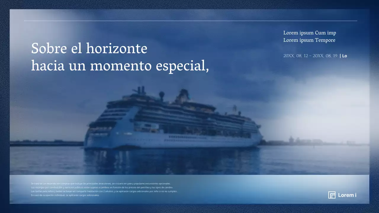 Un producto de crucero sencillo y limpio, con colores azul marino intenso y blanco nítido para facilitar la lectura.