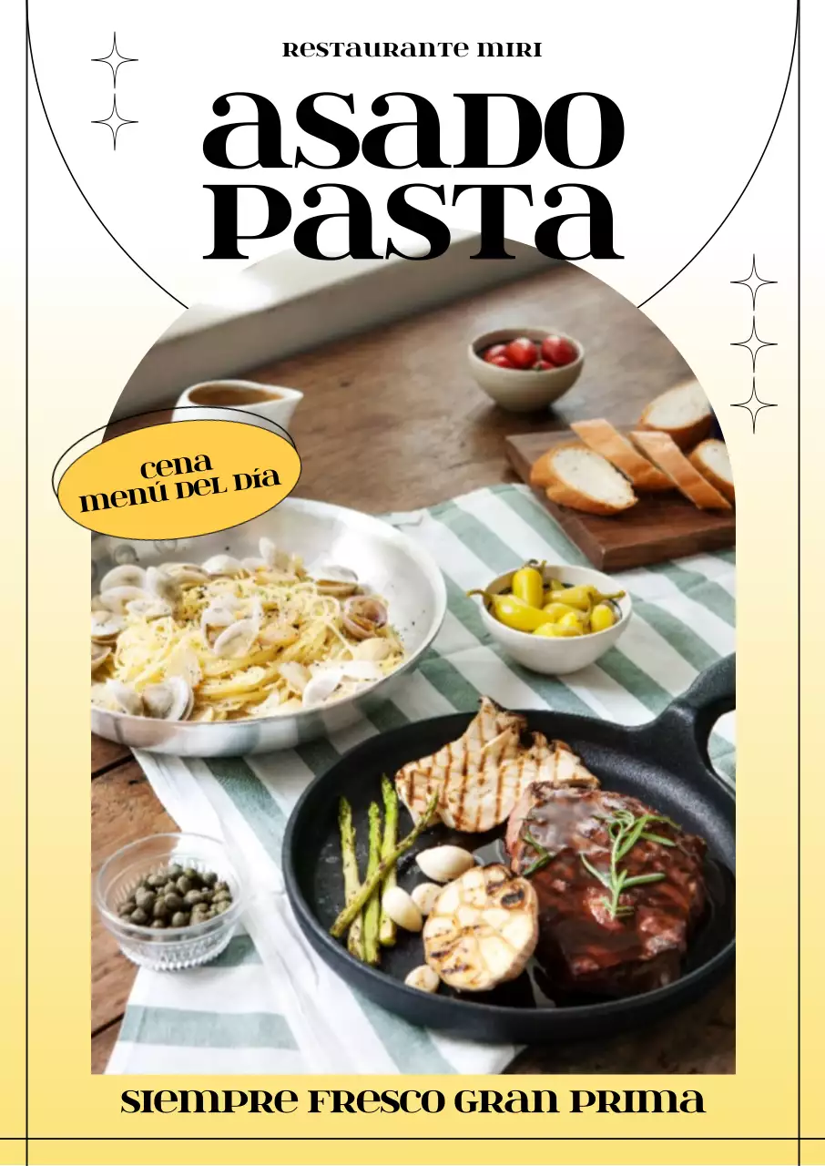 Menús estilizados de moda con un fresco degradado de color amarillo y líneas y formas rítmicas.