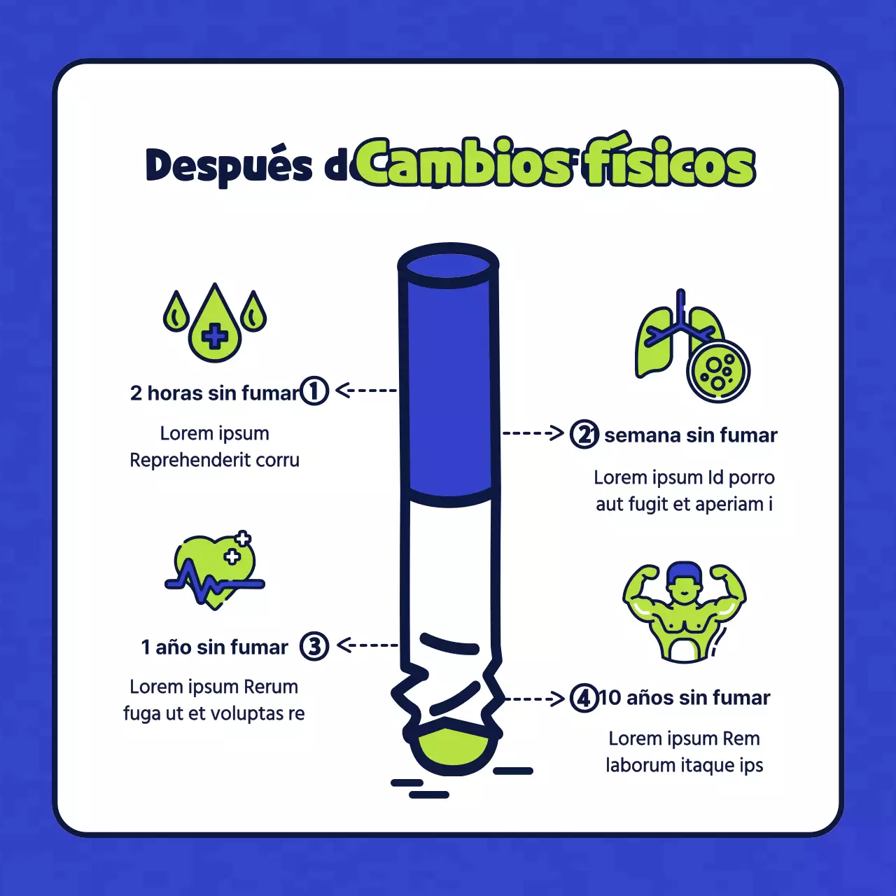 Sencilla ilustración de personajes en azul y chartreuse que presenta una clínica de salud sin tabaco.
