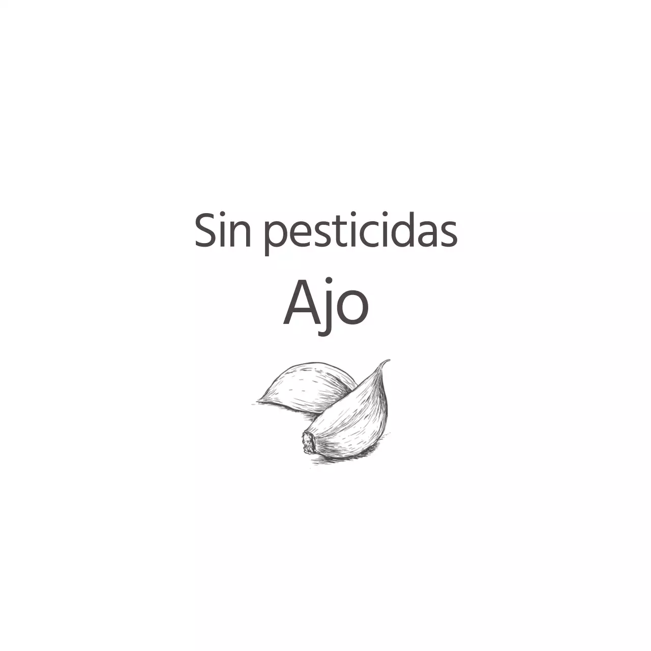 Promover la certificación libre de plaguicidas con texto en gris oscuro y una ilustración de ajos.