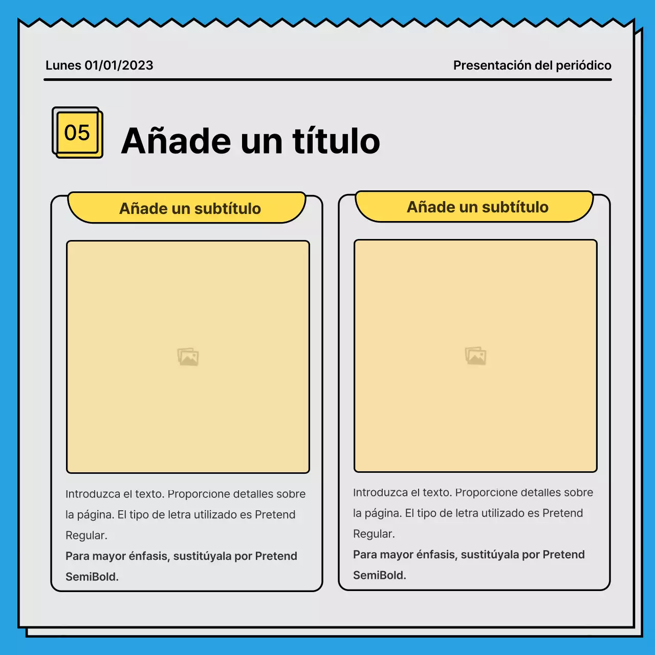 Una tarjeta de noticias audaz y llamativa en un concepto de periódico con acentos en amarillo y azul claro.