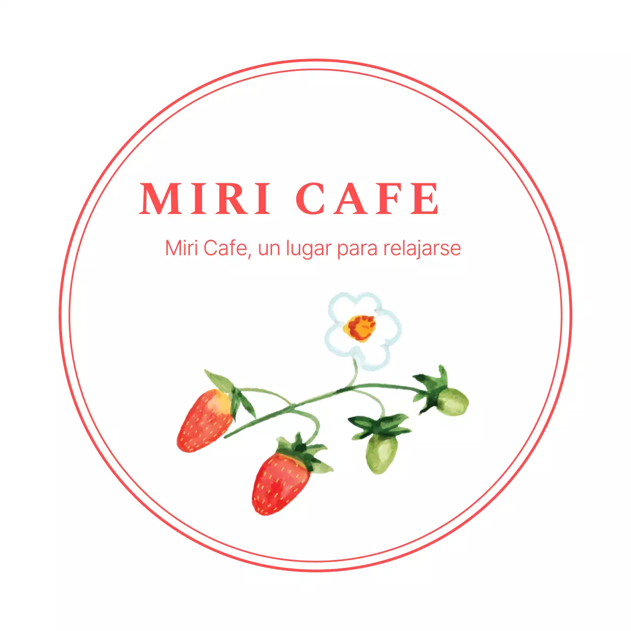 Adhesivo circular de cafetería sobre fondo blanco con una acuarela de fresas con líneas rojas