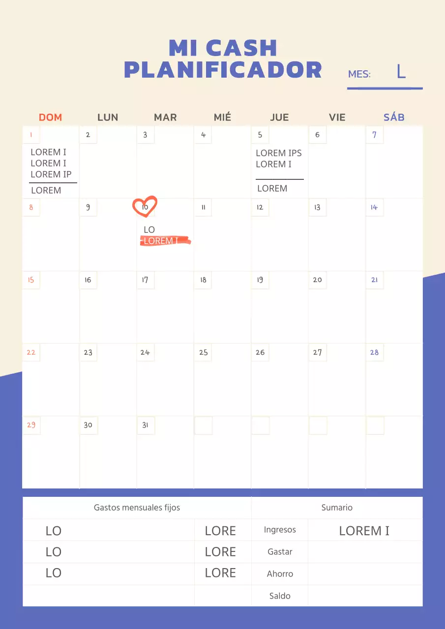 Lista sencilla de gastos mensuales con títulos en azul y rojo