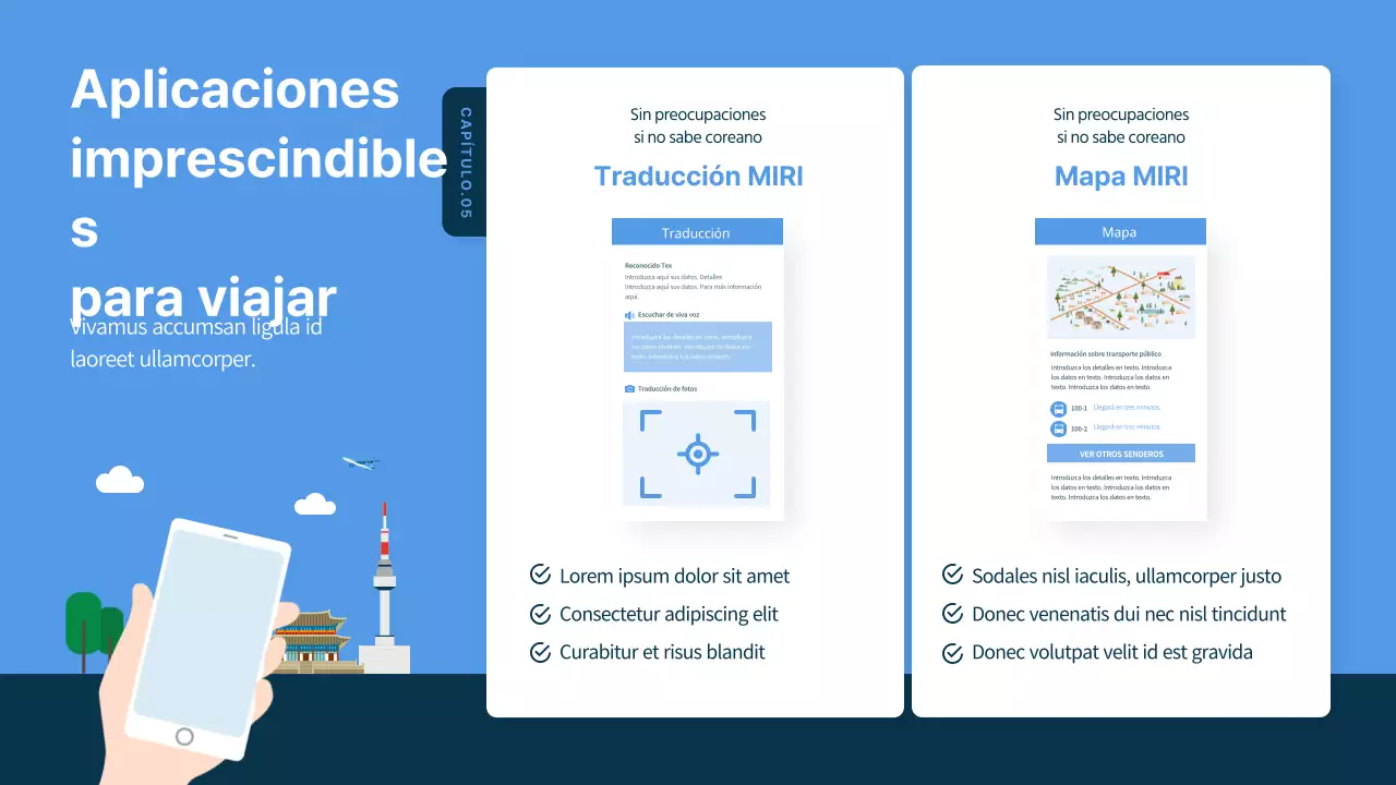 Guía de viaje de Corea del Sur ilustrada en azul y azul marino