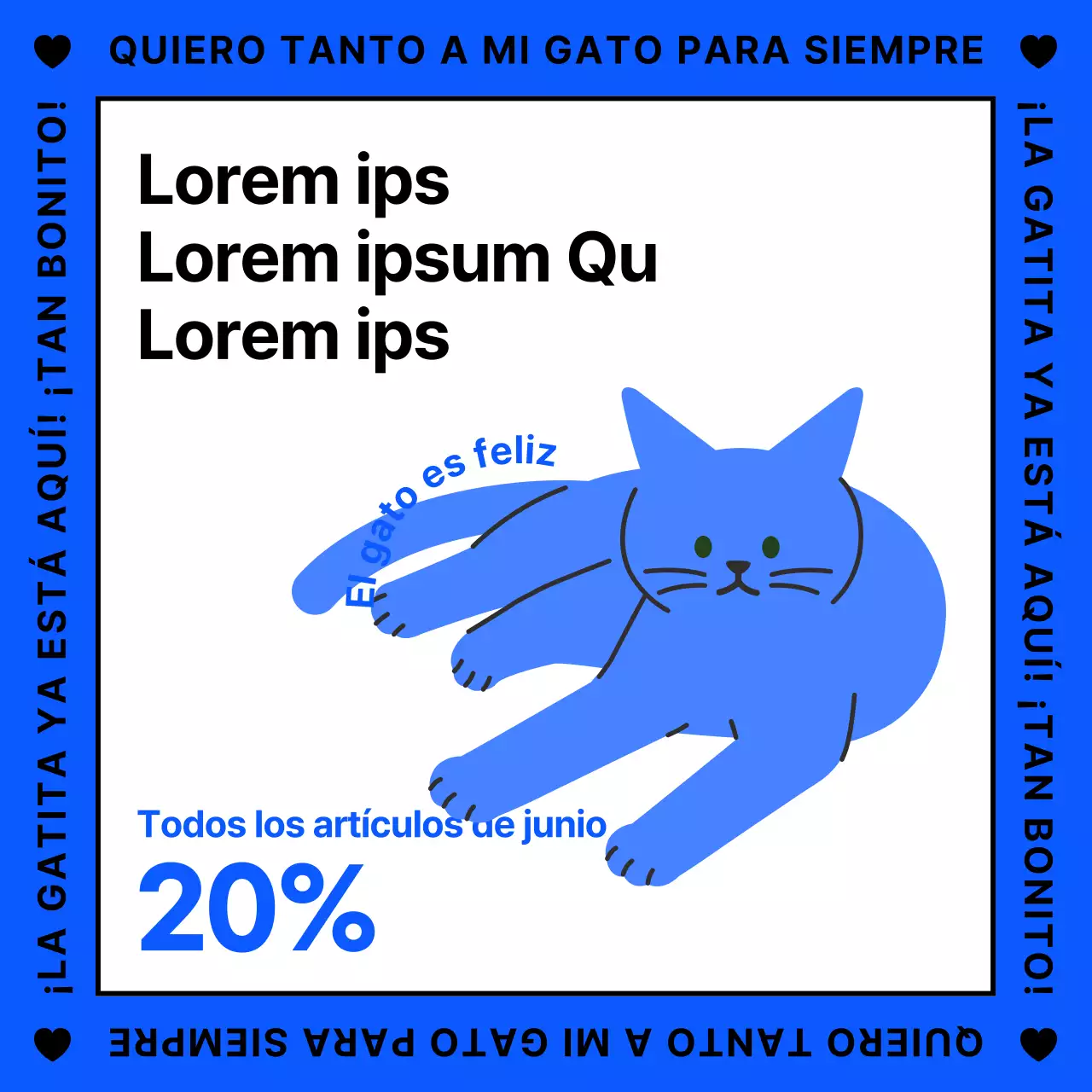 Una bonita promoción ilustrada en azul de artículos para gatos.