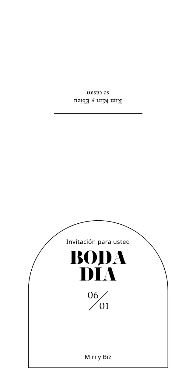 Invitación de boda en forma de semicírculo sobre fondo blanco-negro