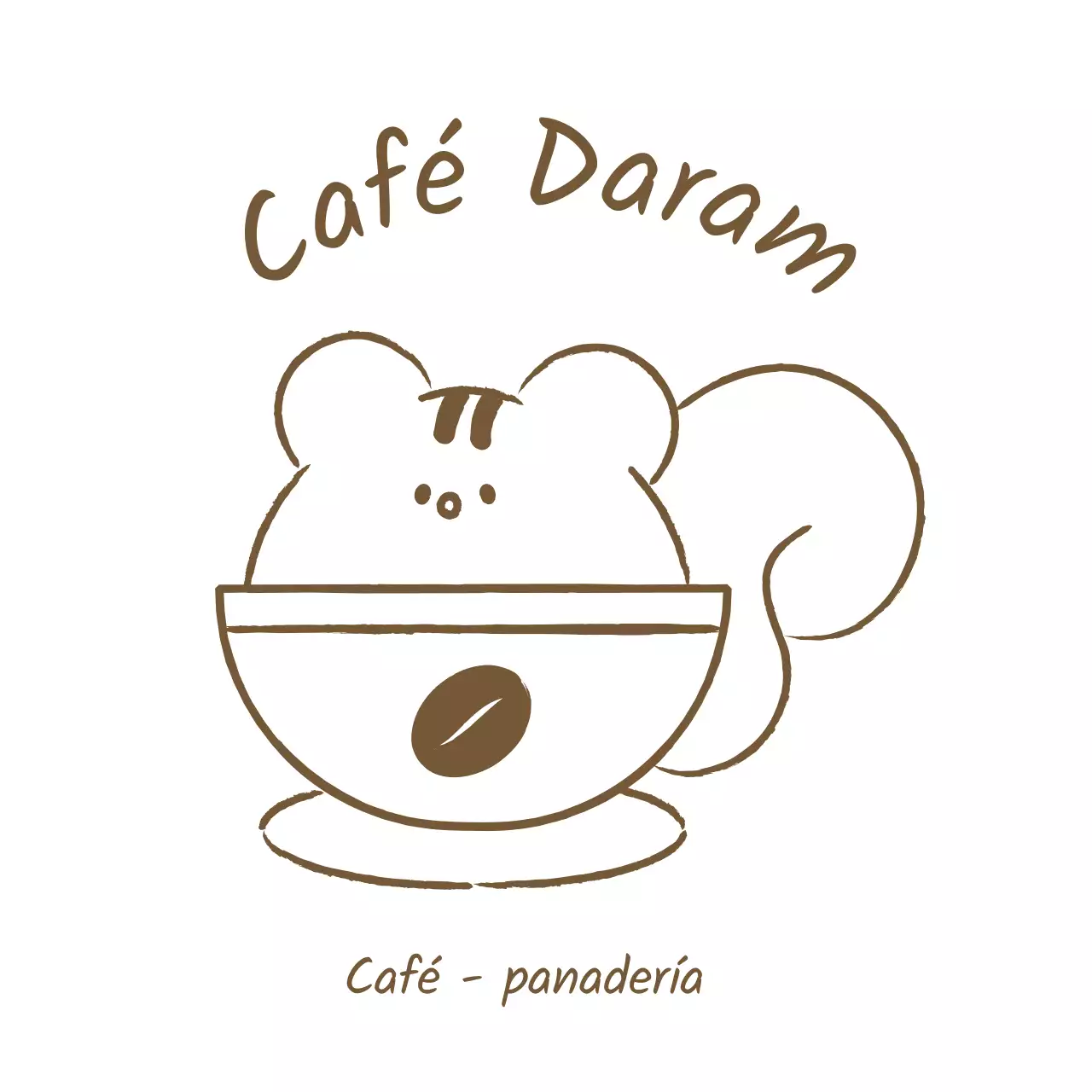 Mercancía de cafetería con una sencilla y simpática ilustración de una ardilla en marrón.