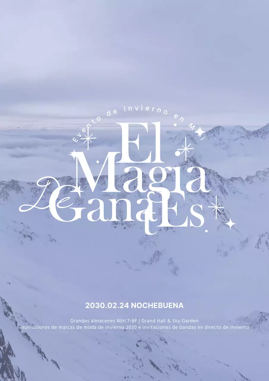 Póster vertical de montaña nevada invernal en blanco y azul claro