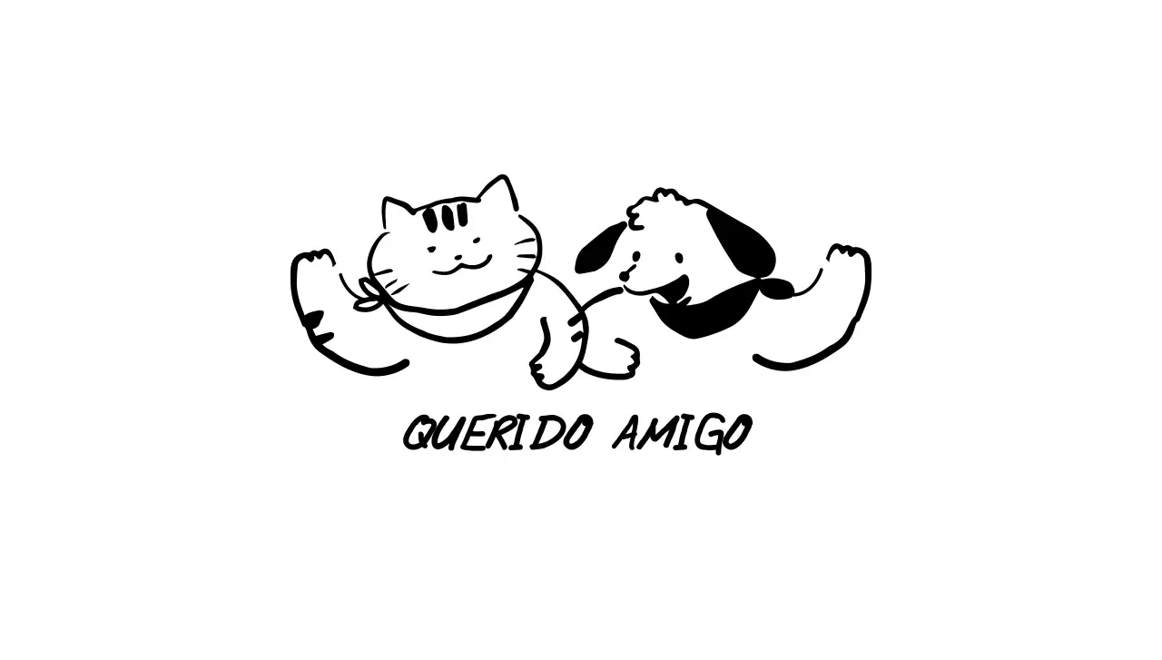 Diseño con una ilustración lineal de un simpático gato y un perro saludándose en negro