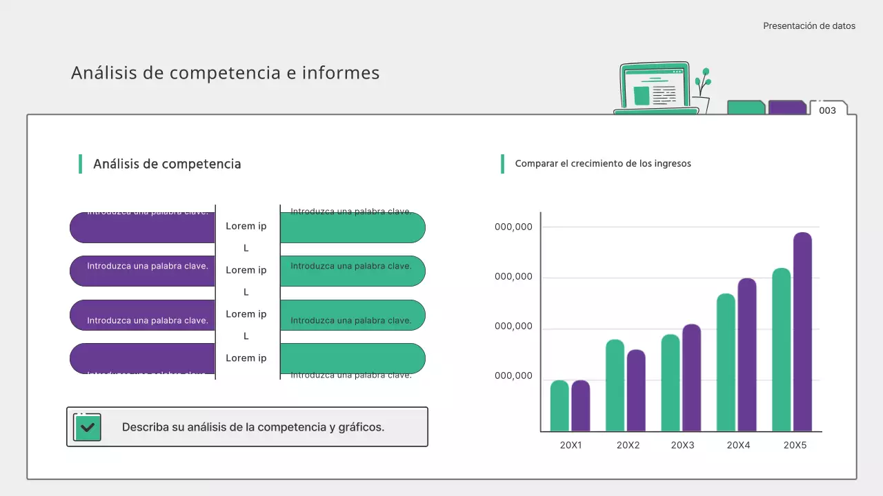 Presentación infográfica y gráficos sencillos en verde y morado