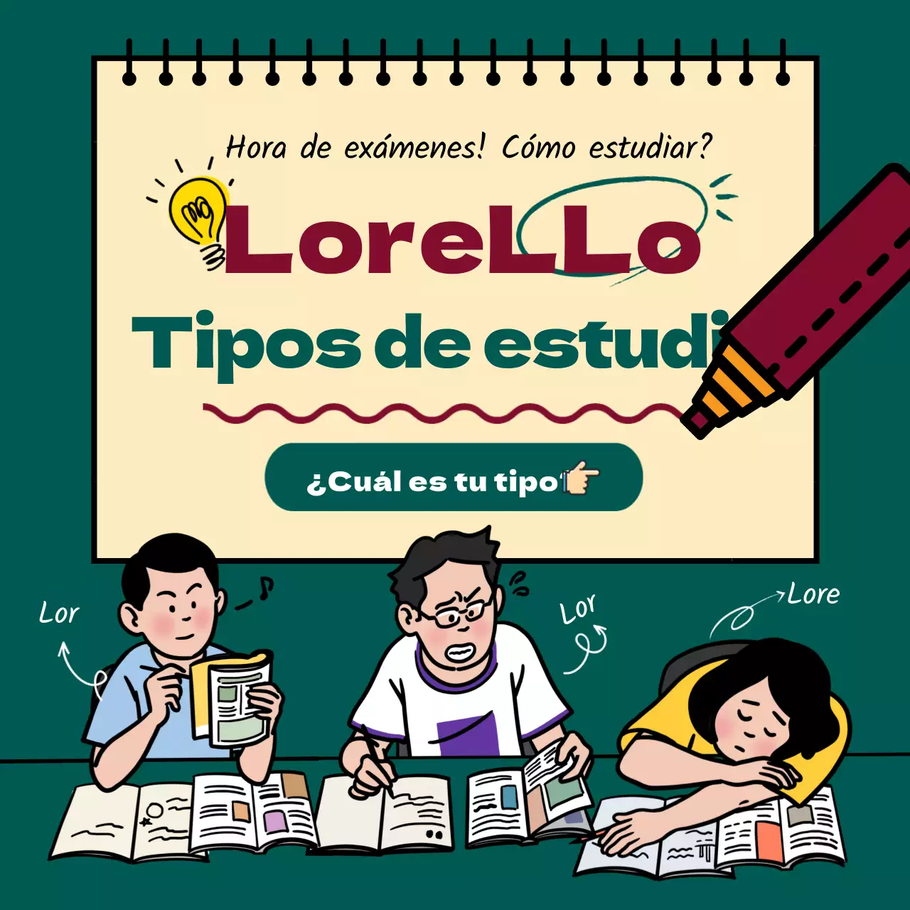 Periodo de exámenes tipo de estudio con borde verde y negro ilustración Instagram newsfeed