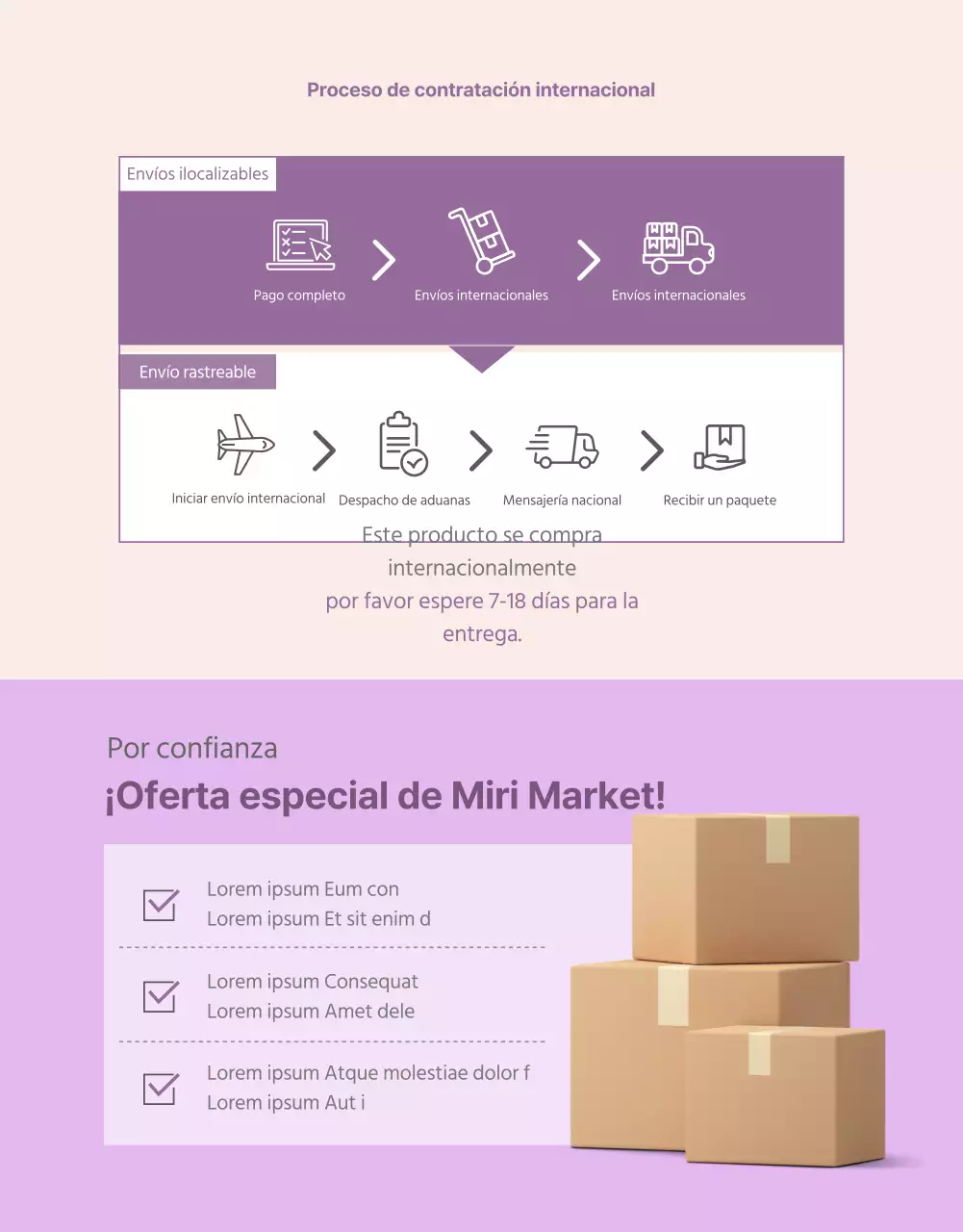 Sencilla página de detalles de compra en el extranjero con acentos morados