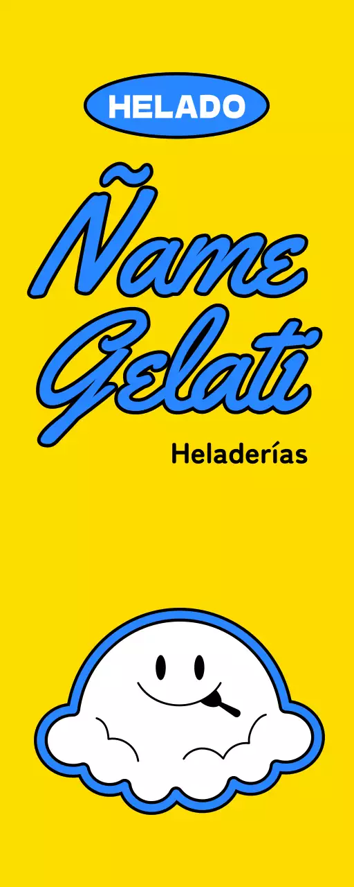 Promocione una bonita heladería con una ilustración de un personaje de helado en amarillo y azul.