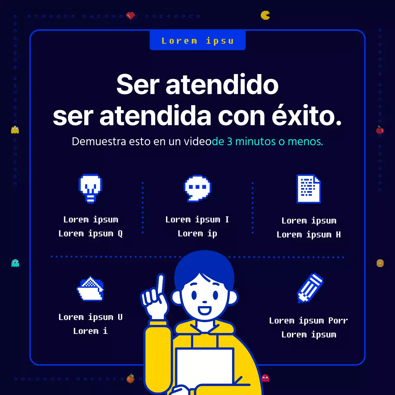 Un novedoso, divertido y retro juego de píxeles Pac-Man en azul marino y amarillo Convocatoria de nuevas ideas de negocio para una empresa corporativa.