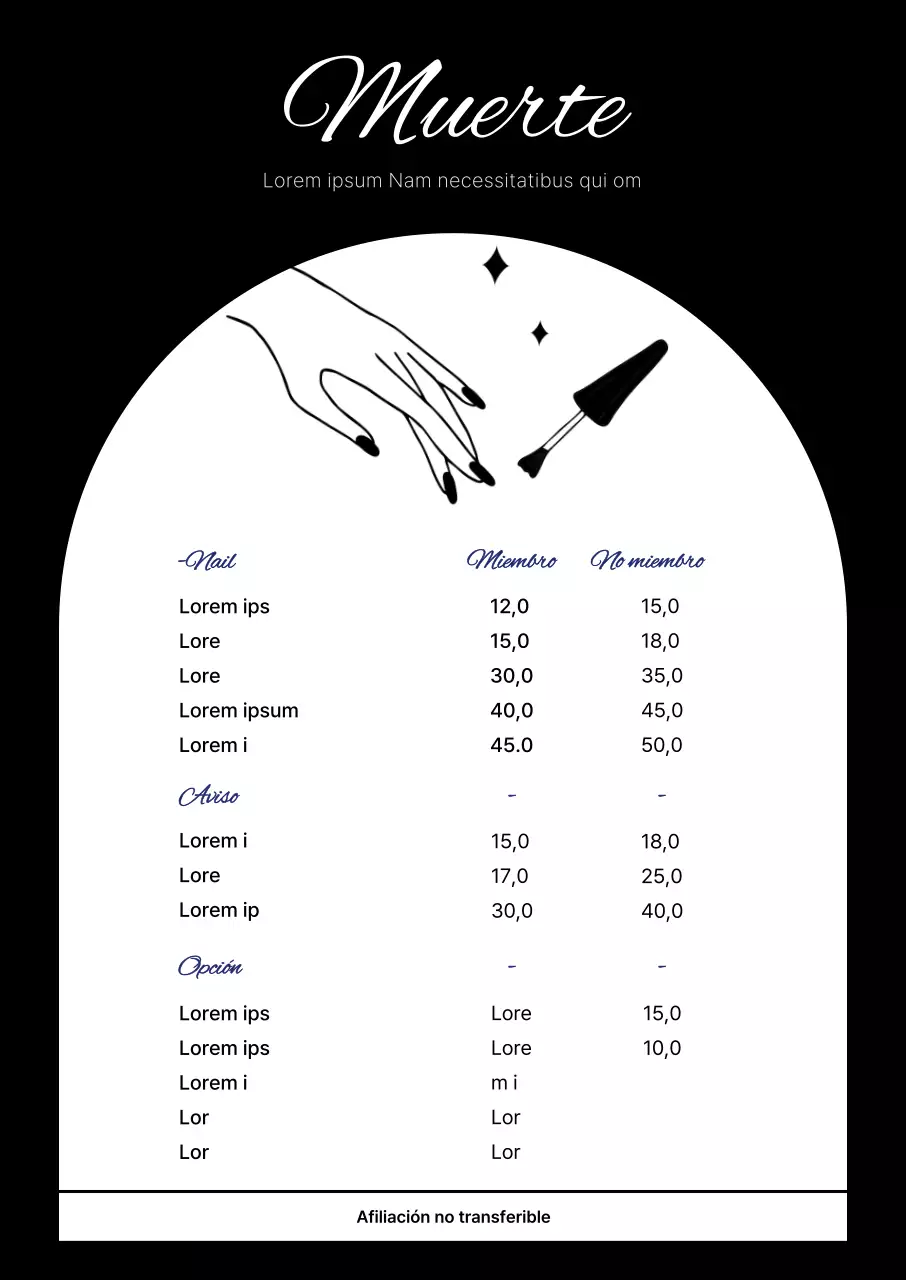 Moderno tablero de menú nail art en blanco y negro