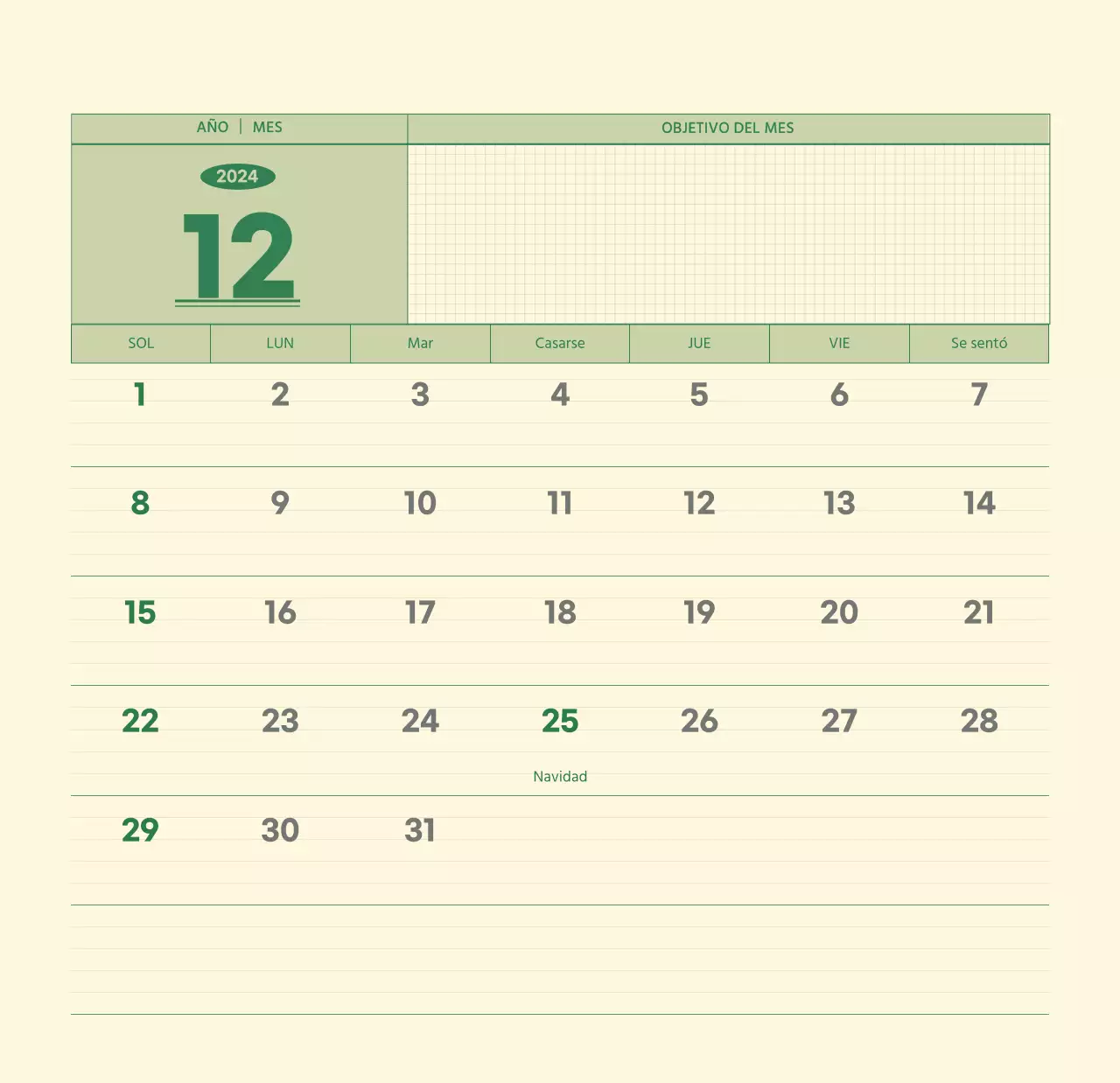 SAT Calendario de pared con concepto de bloc de notas del día D en verde y amarillo claro