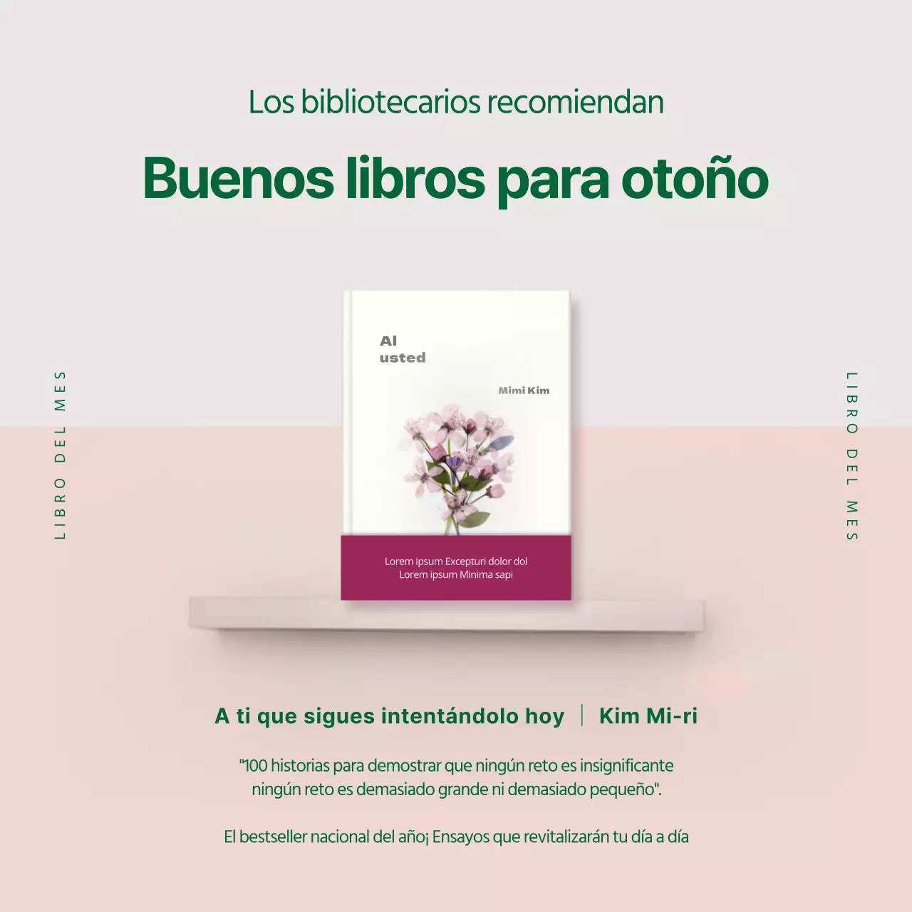 Promover un libro del mes con estanterías verdes y rosas