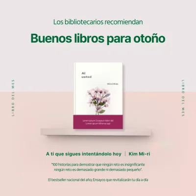 Promover un libro del mes con estanterías verdes y rosas