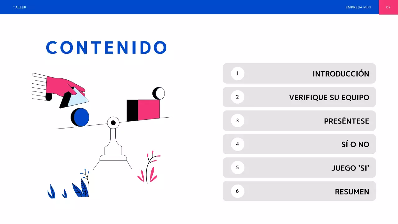 Taller de trabajo en equipo ilustrado en azul y rosa