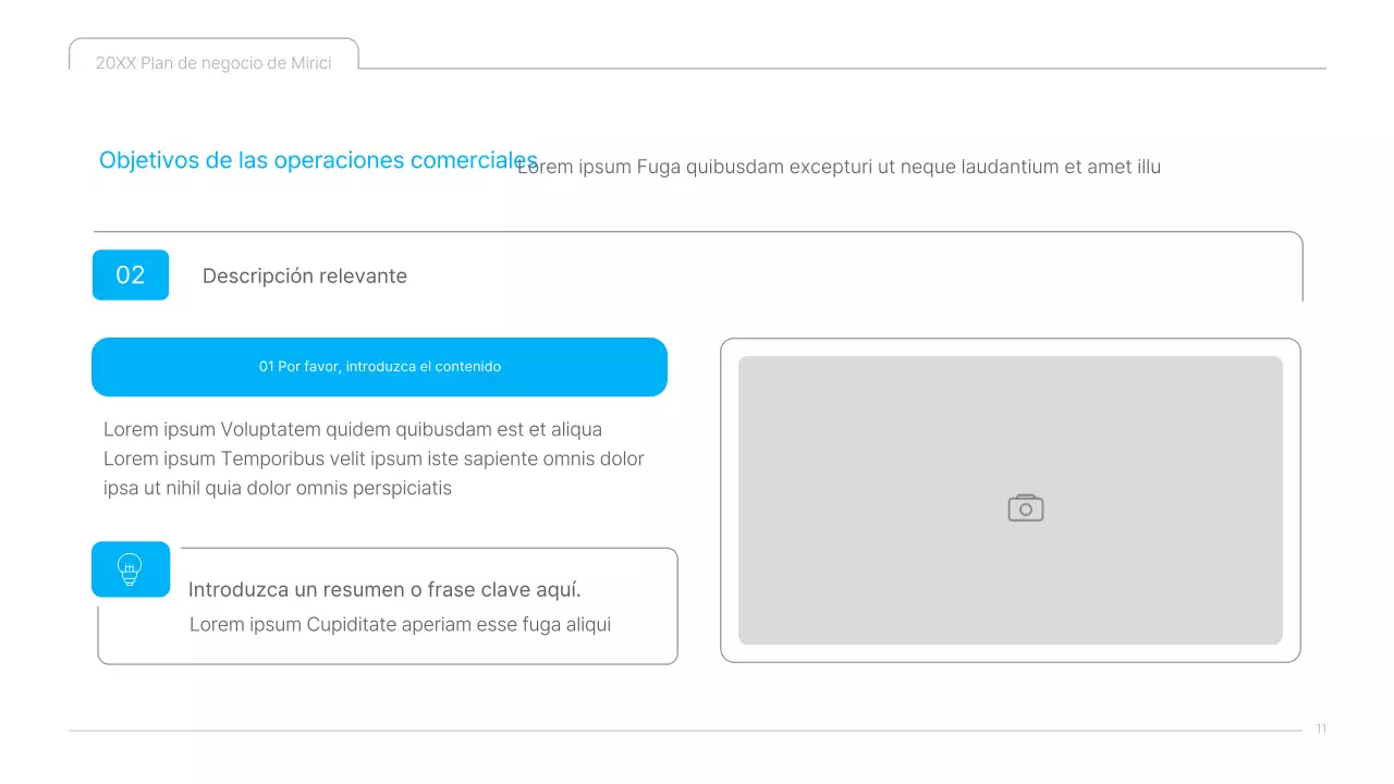Una presentación limpia en azul y blanco del plan de negocio de contenidos culturales