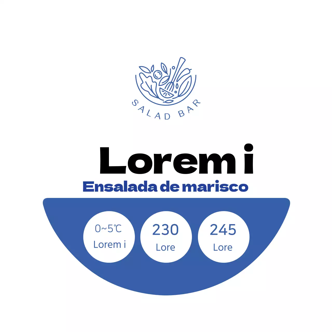 Etiqueta blanca y azul de ensalada de marisco limpia