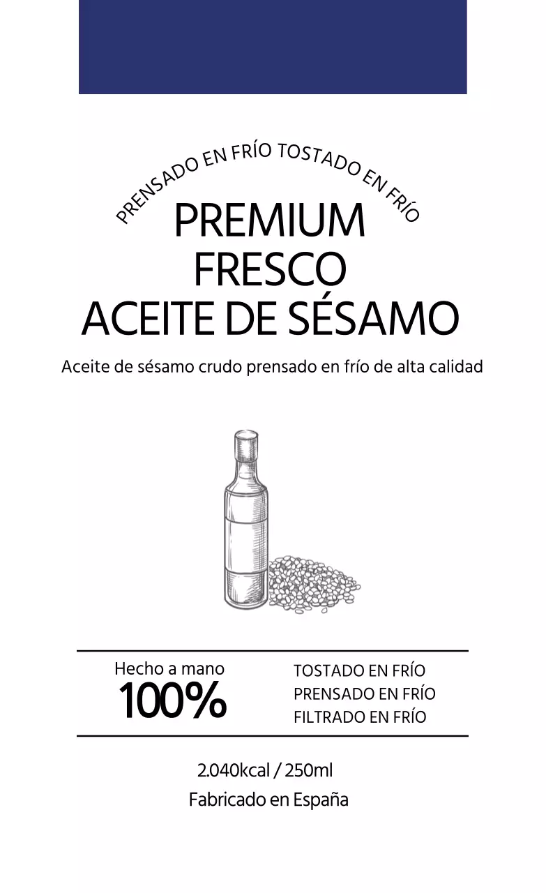 Etiqueta blanca azul marino de información alimentaria sobre el aceite de sésamo simple