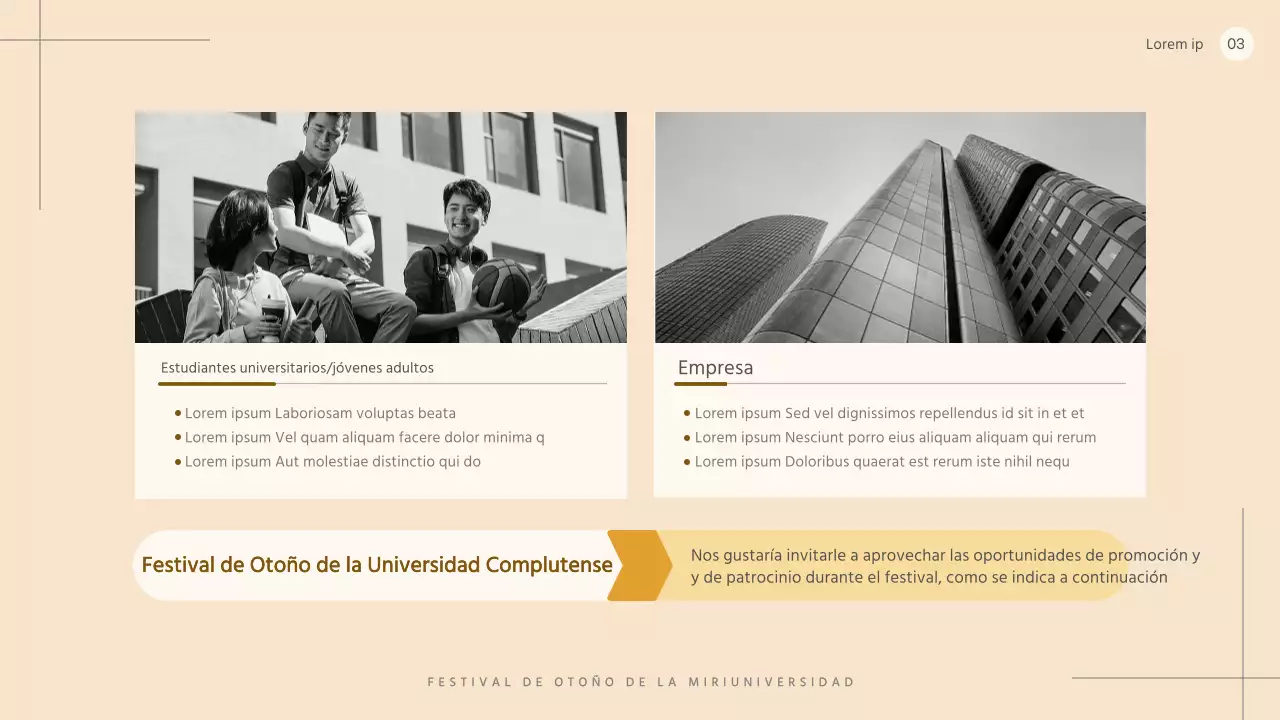 Propuesta sencilla de patrocinio de un festival universitario en beige y blanco y negro