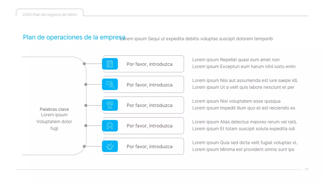 Una presentación limpia en azul y blanco del plan de negocio de contenidos culturales