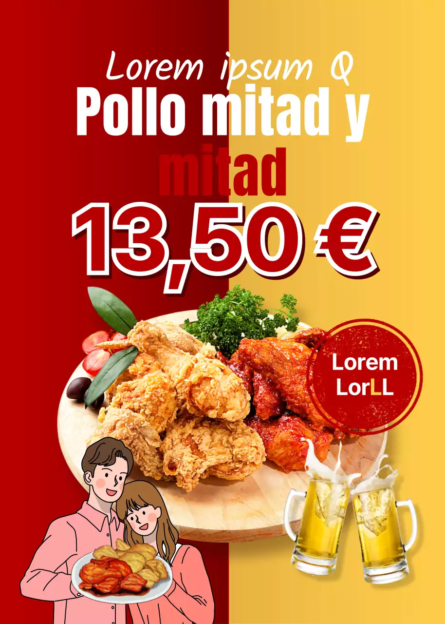 Una promoción en rojo y amarillo para el día del pollo en pareja