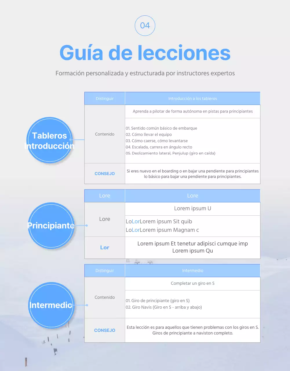 Una sencilla página blanca y azul para las clases de esquí